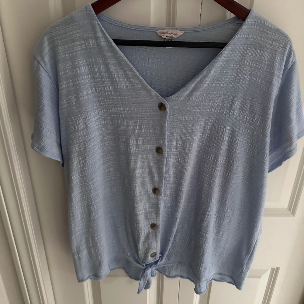 Weatherproof Vintage Shirt Womens XXL Short Sleeve Blue Tie Front Button Up